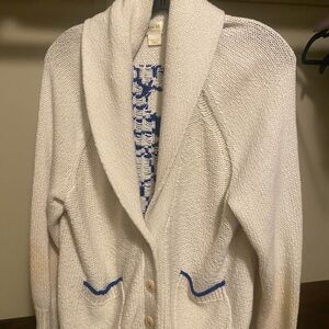 Maeve Cream Shawl Collar Cardigan with Blue Trim